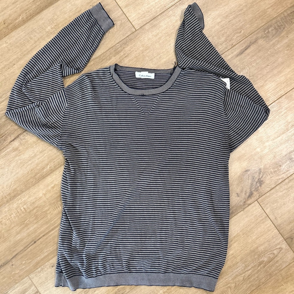 Calvin Klein women’s Gray and Black Fine-Striped Crewneck Sweater